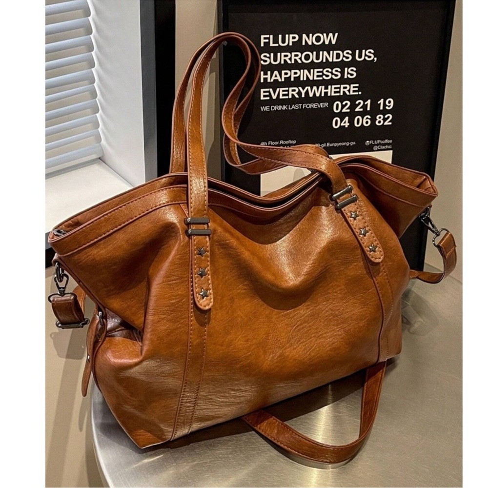 Luxe Vegan Leather Brown Star Studded Large Shoulder Crossbody Bag